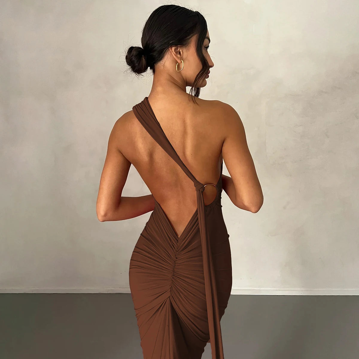 One Shoulder Backless Ruched Dress