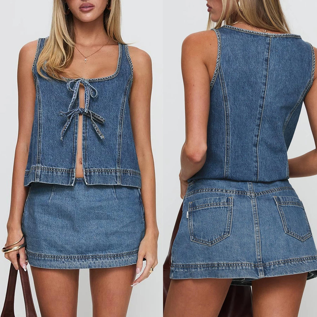 Denim Tie-Front Top And Mini Skirt Set With Square Neck