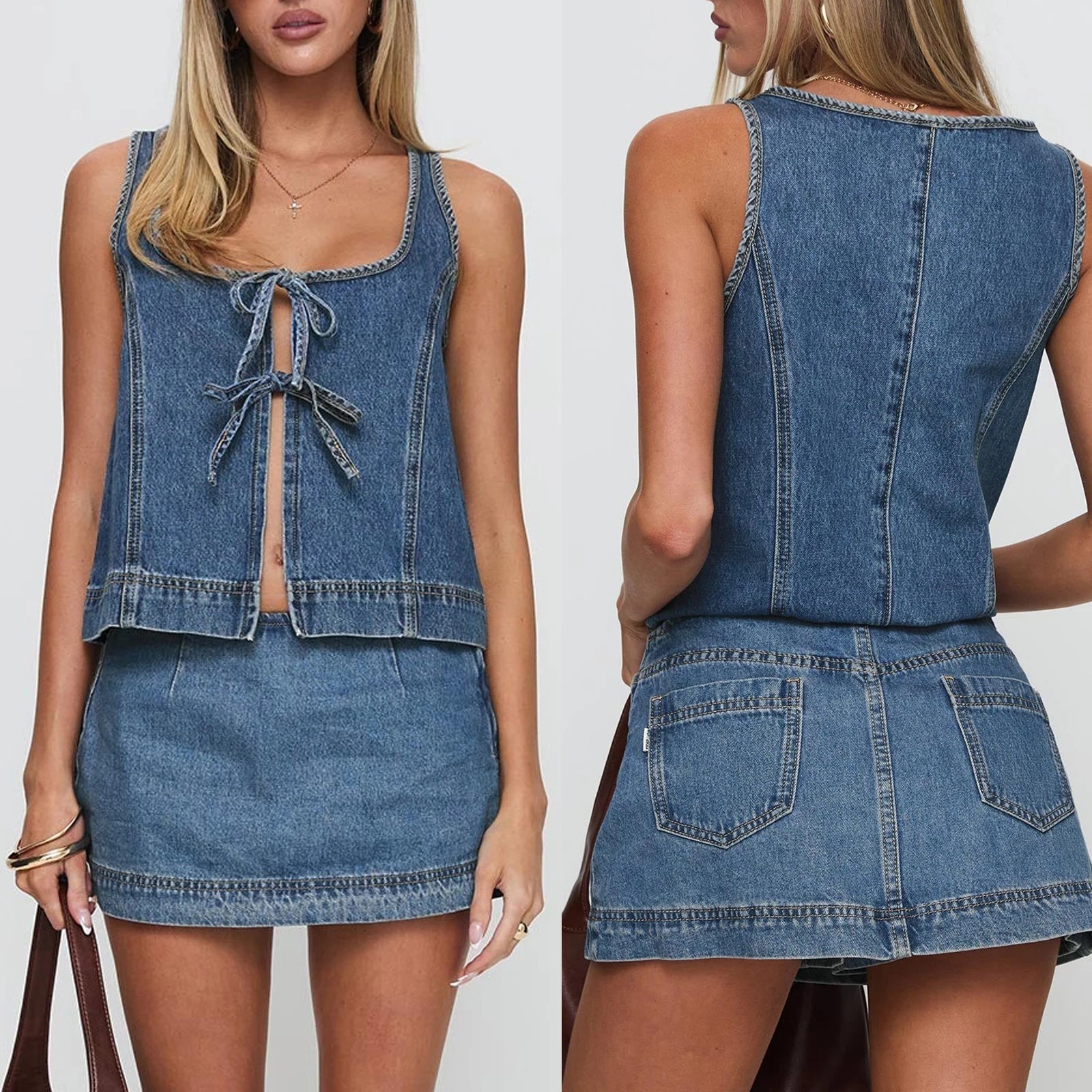 Denim Tie-Front Top And Mini Skirt Set With Square Neck
