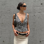 Zebra Print V Neck Backless Ruched Crop Tank Top