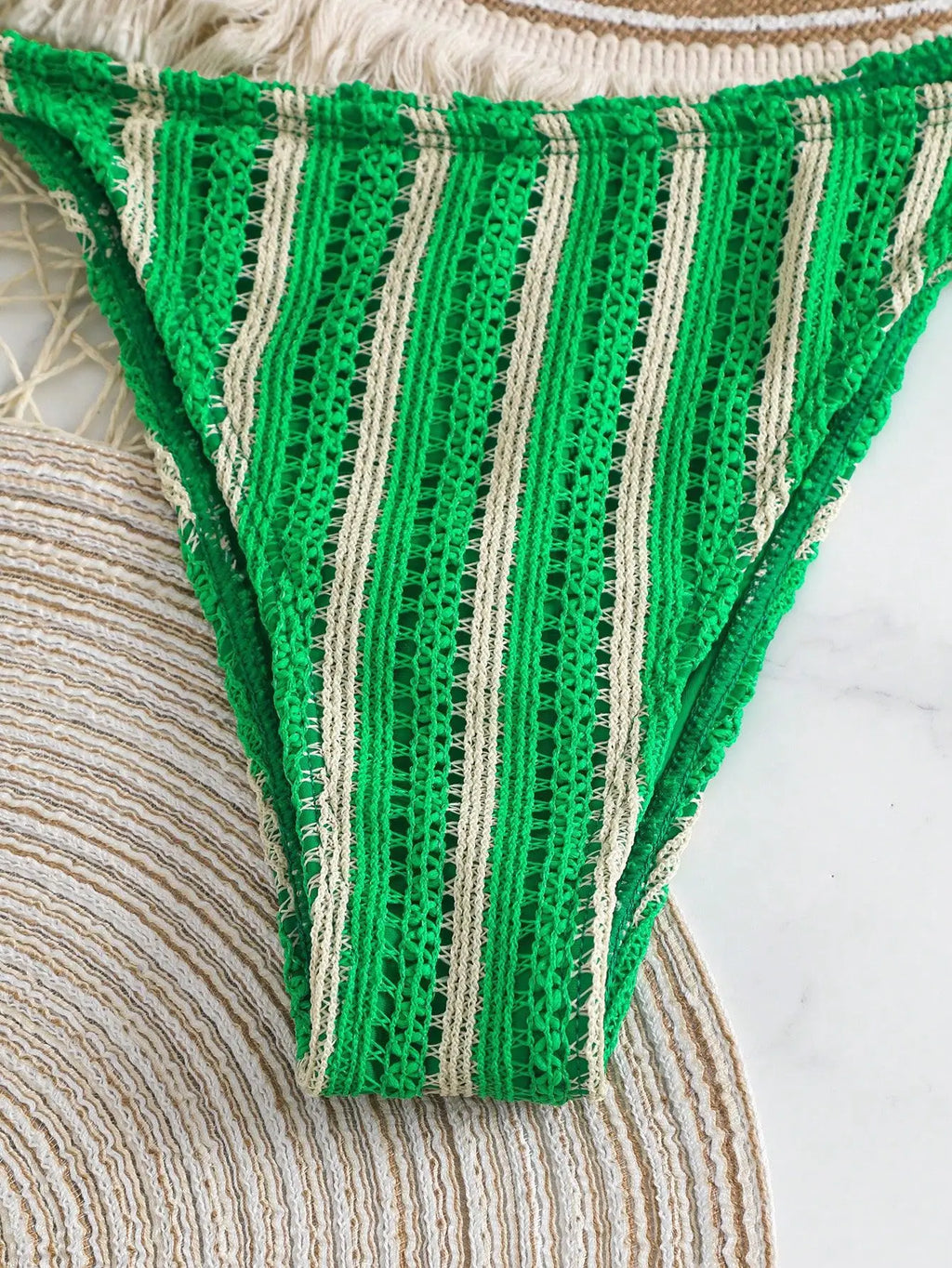 Retro Striped 3 Pieces Knitted Mesh String Bikini Set Swimsuit
