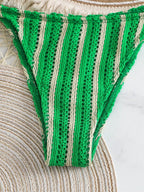 Retro Striped 3 Pieces Knitted Mesh String Bikini Set Swimsuit