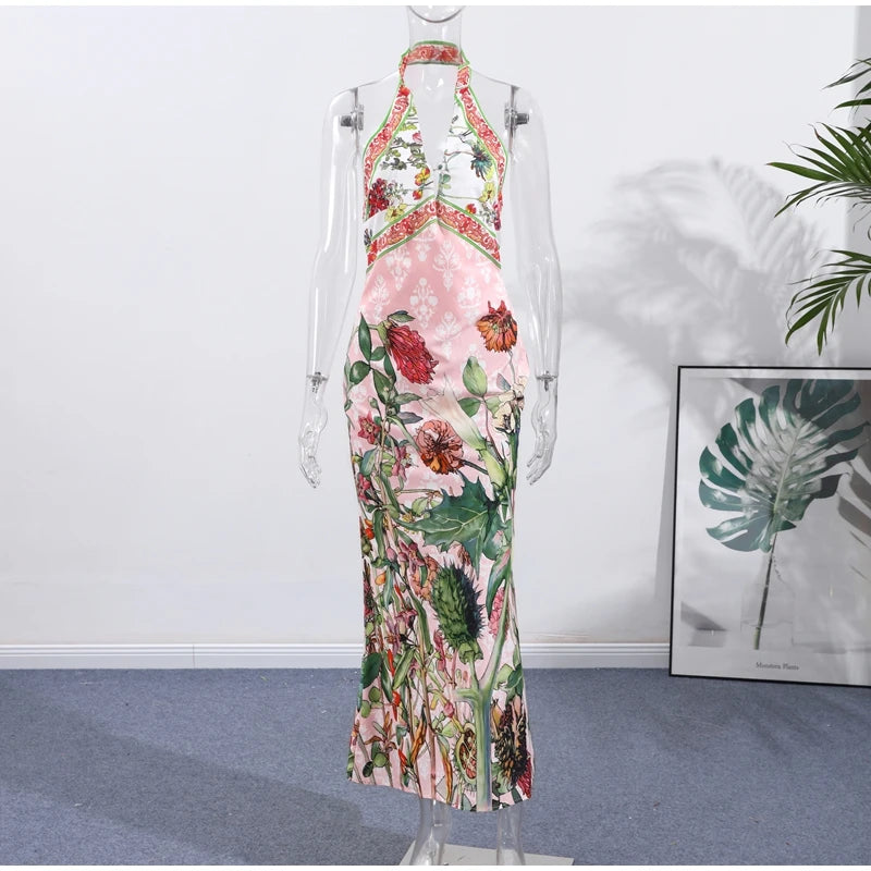 Flirty Printed Halter Backless Dress For Summer Party Chic Evening Outfits Slim High Waist