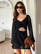 Knit Cutout Swim Cover Dress With V Neck And Lace Up Details Bell Sleeve