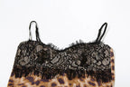 Leopard Patchwork Lace Mini Dress With Spaghetti Straps High Waist