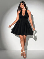 Plus Size Lace Trim V Neck Sleeveless Puff Evening Dress