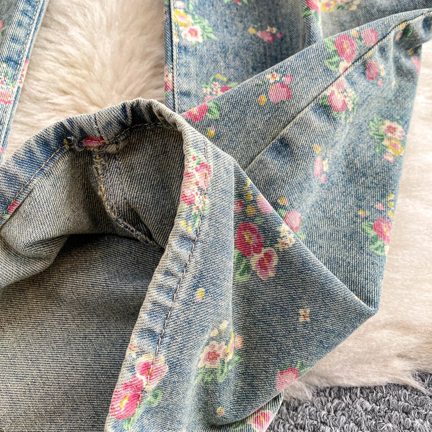 Floral Dream Denim Pants With Wide Leg Silhouette And High Waist