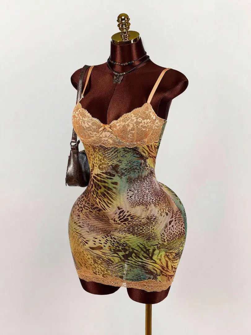 Lace Mini Dress With Spaghetti Straps High Waist Backless Retro Print