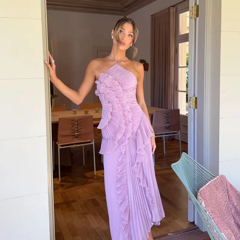 Halter Gown In Chiffon With Backless Ruffles