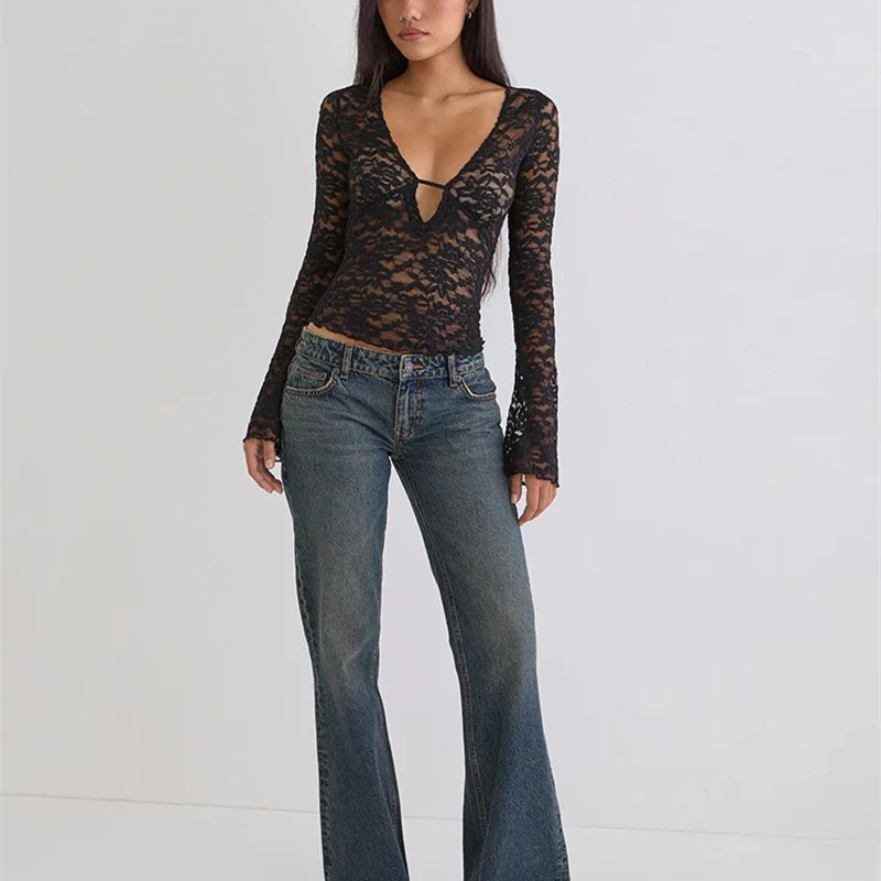 V-Neck Long Sleeve Lace See Through Slim Fit Shirt women’s