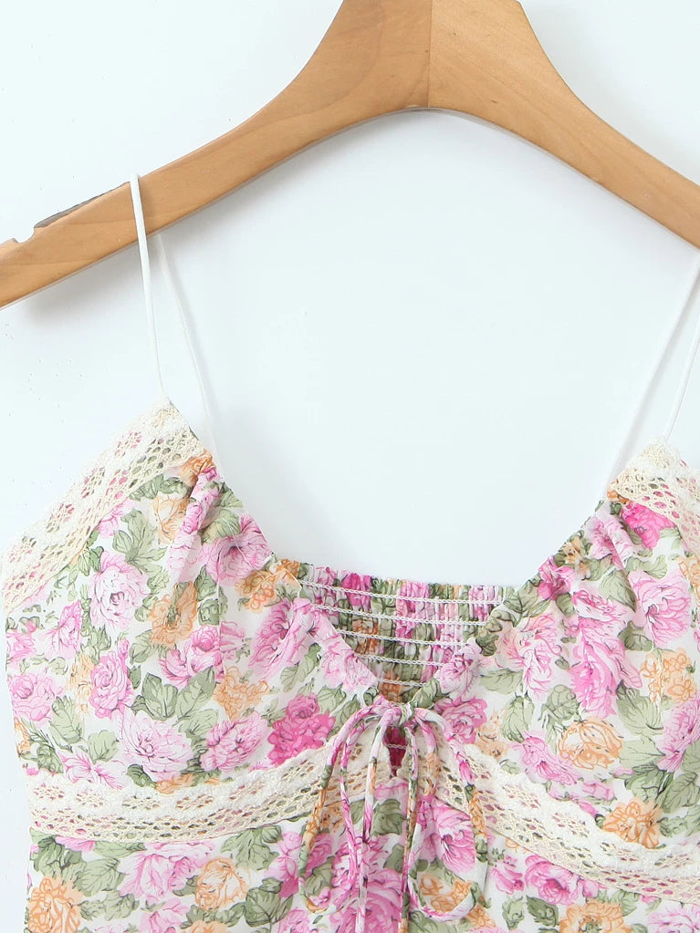 Floral Print Chiffon Sexy Backless Slim Super Short Lace Camis Top