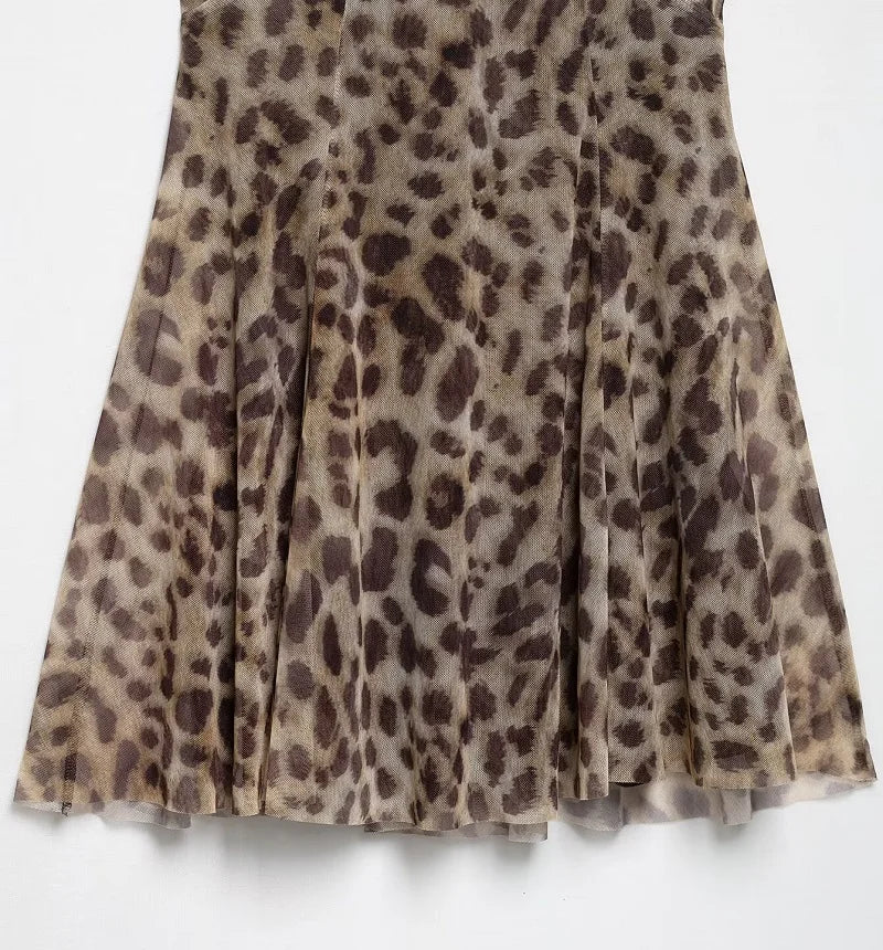 Leopard Print Tulle Slip Dress With Backless Draped