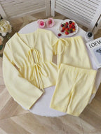 Striped Lace Up Two Piece Set V Neck Top And Elastic Waist Pants