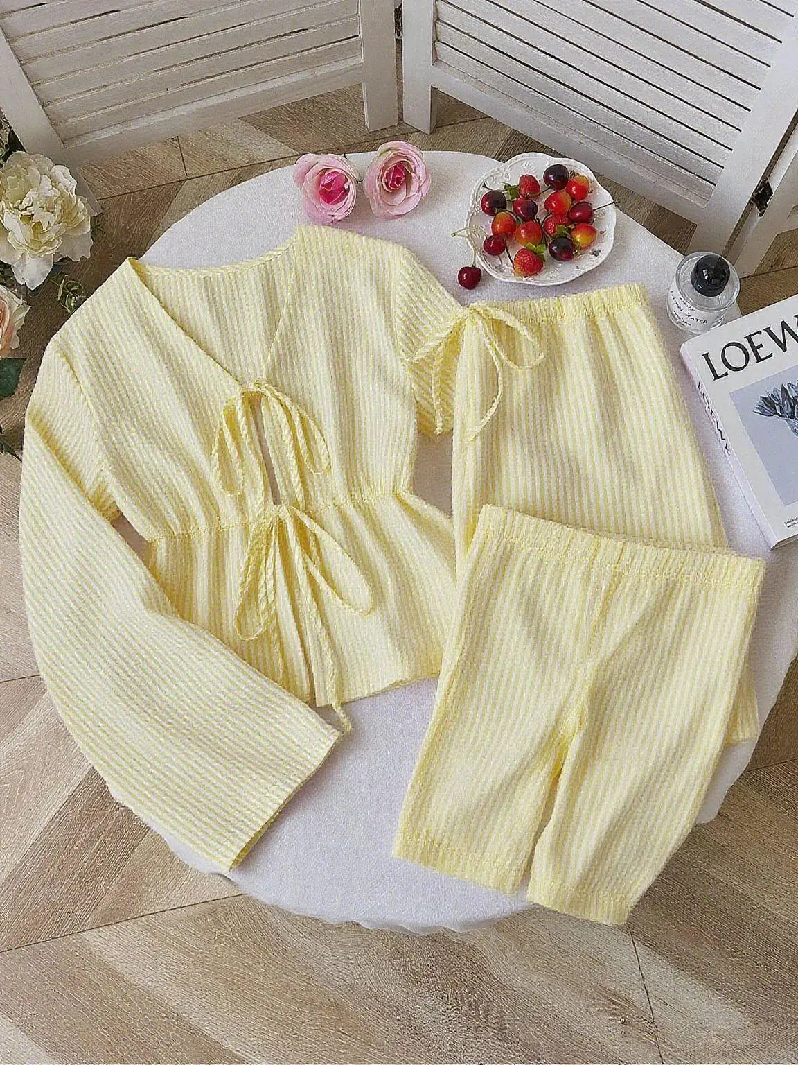 Striped Lace Up Two Piece Set V Neck Top And Elastic Waist Pants