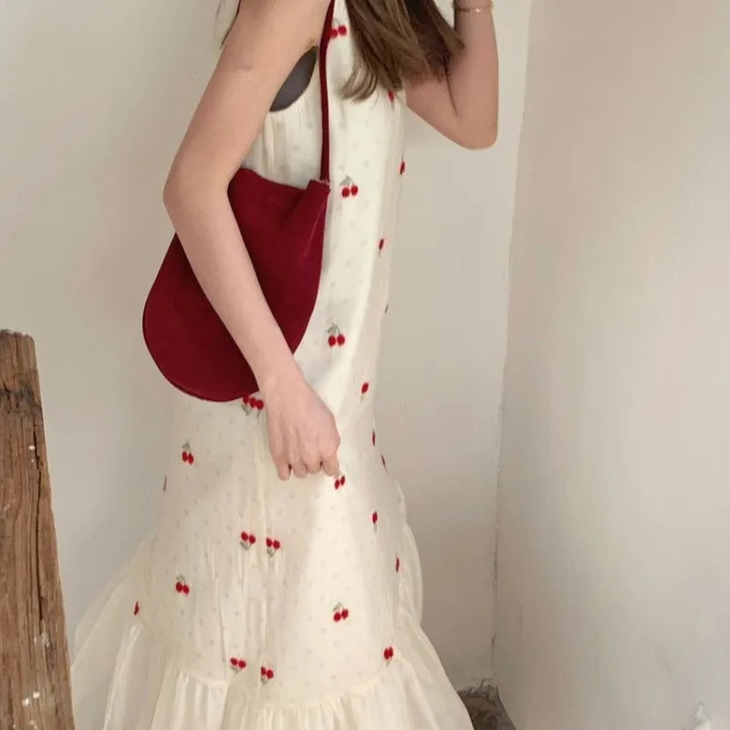 Cherry Patchwork Long Dress With Mesh Detailing