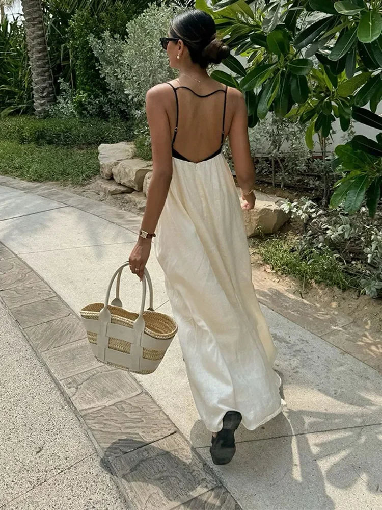 Contrast Splicing Loose Sling Long Women Square Collar Sleeveless Backless High Waist Dress