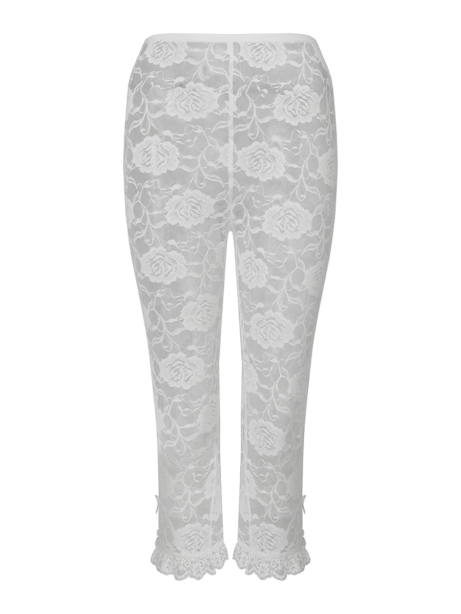 Lace Capri Pants For Women With Elastic Waist Cropped See Through Design