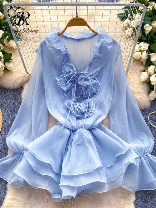 Boho 3D Floral Chiffon Sundress With Long Sleeves Lace Up Ruffle Detail