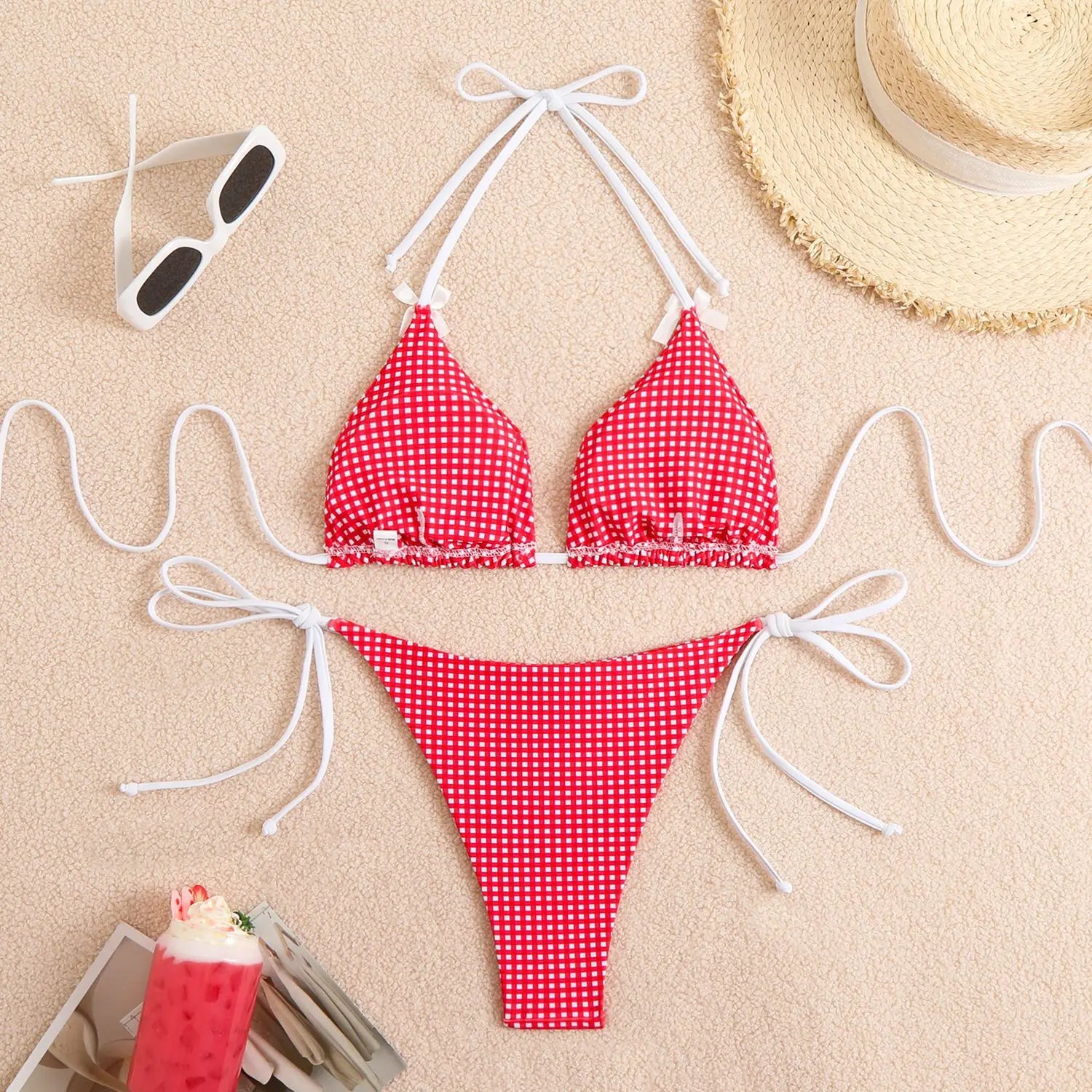 Plaid Dot Swimsuit With Neck Bow Tie Vintage Beachwear