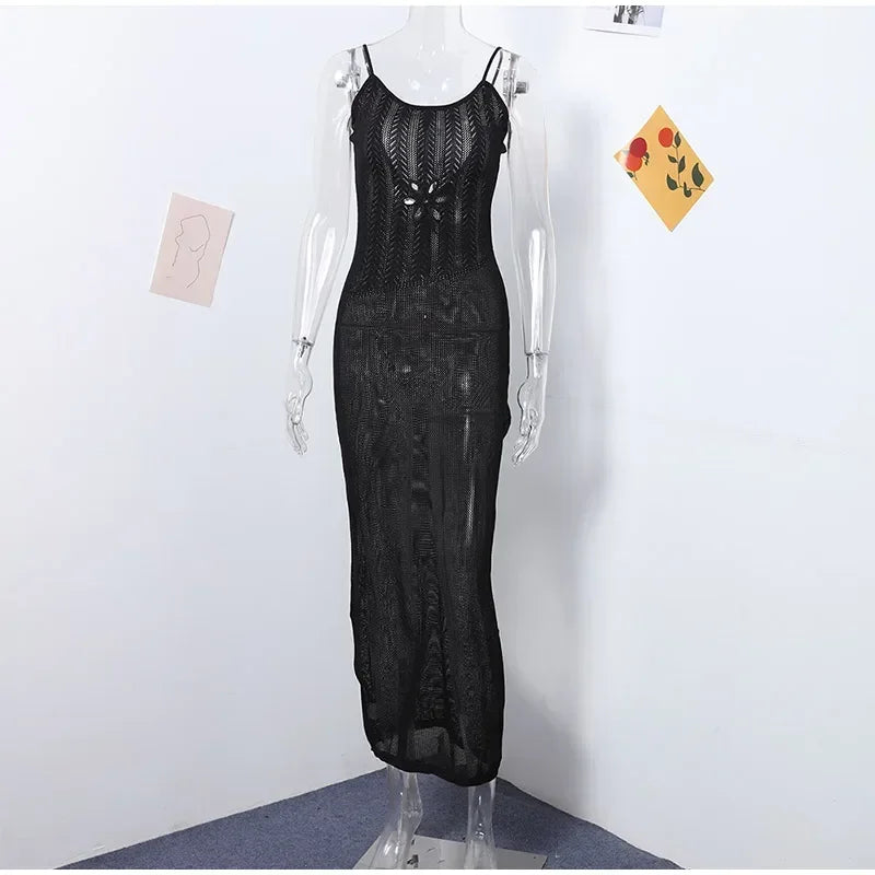 Floral Knit Strap Maxi Dress Backless Beach Cover Up For Summer Vacation And Resort Style
