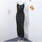 Floral Knit Strap Maxi Dress Backless Beach Cover Up For Summer Vacation And Resort Style