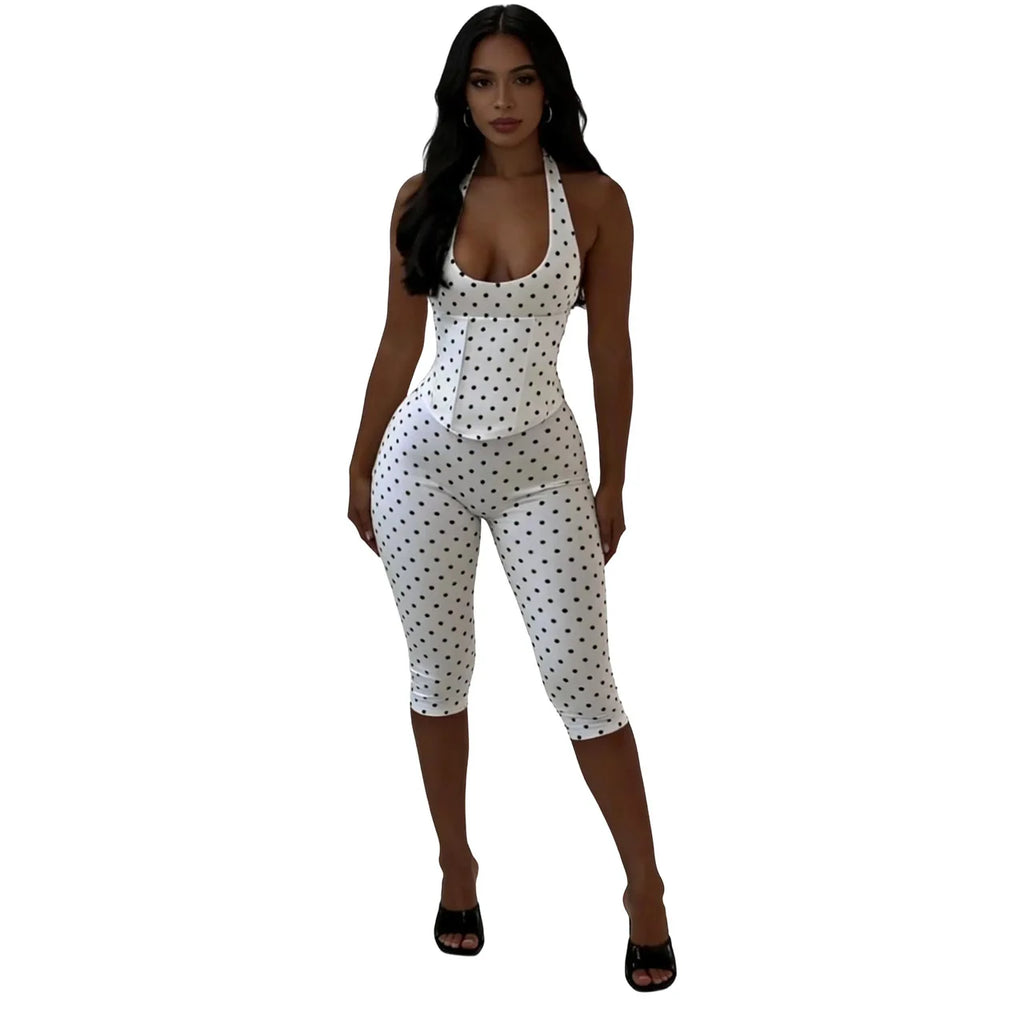 Cute Dots Design Halter Jumpsuit With Zipper Backless Sleeveless