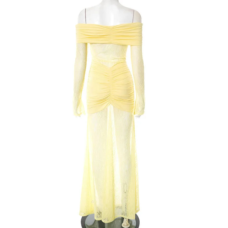 Off Shoulder Pleated Maxi Dress With Lace Patchwork