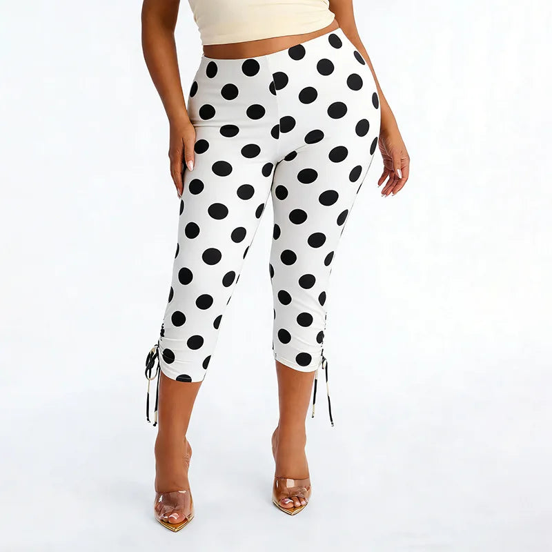 Polka Dot Patchwork Capri Pants With Drawstring Waist
