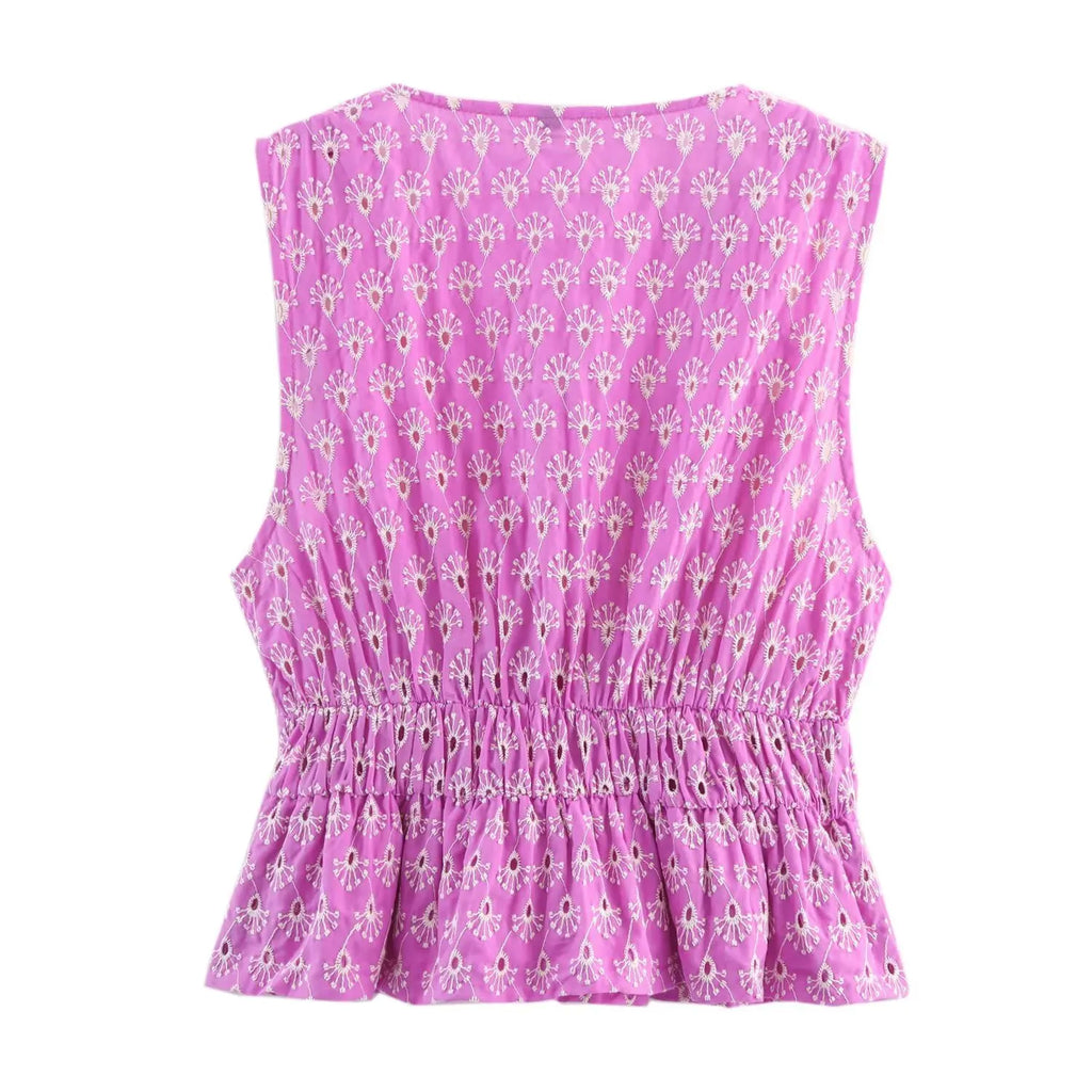 V-neck Sleeveless Embroidery Hollow Out Elastic Waist Crop Top