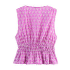 V-neck Sleeveless Embroidery Hollow Out Elastic Waist Crop Top