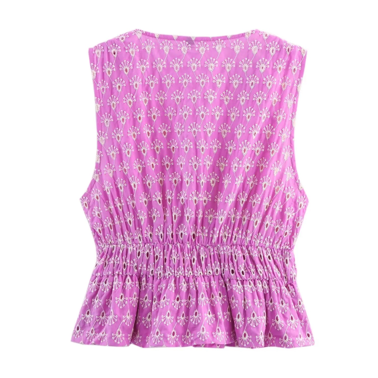 V-neck Sleeveless Embroidery Hollow Out Elastic Waist Crop Top