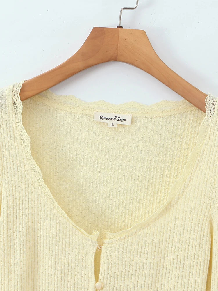 Women Fashion Sweet Lace Patchwork Knitted Cardigan Vintage O-Neck Long Sleeve Sweater