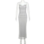 Elegant Maxi Spaghetti Strap Party Dress With Netting Waist-Hugging Fit