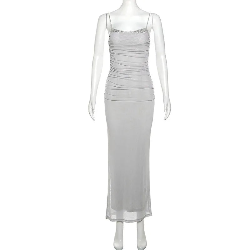 Elegant Maxi Spaghetti Strap Party Dress With Netting Waist-Hugging Fit