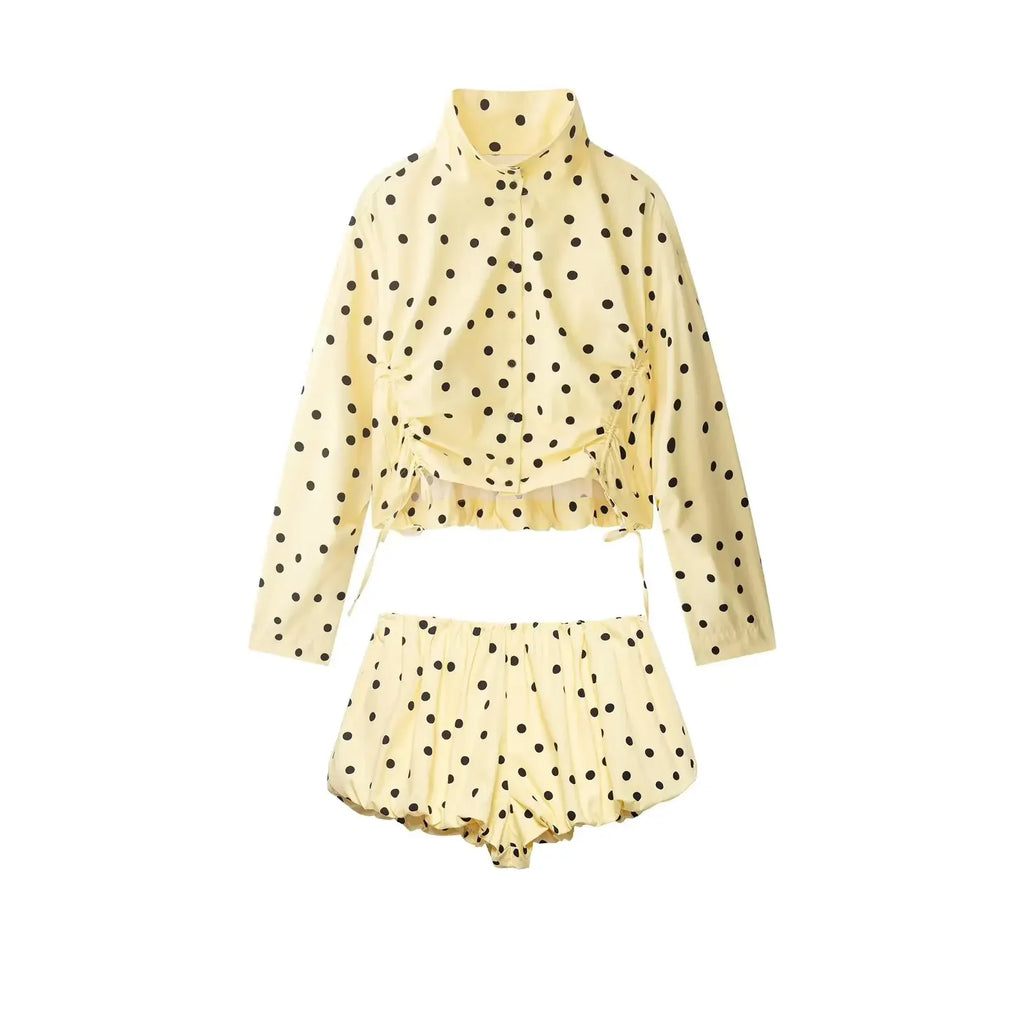 Yellow Polka Dot Two Piece Set With High-Neck Jacket And Balloon Shorts