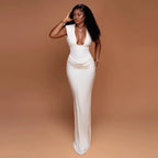 Sleeveless Ruched V Neck Bodycon Maxi Dress
