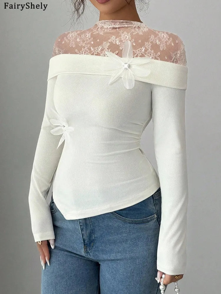 Mesh Patchwork Bodycon Top With Long Sleeve White Sleek Sexy Slim Fit