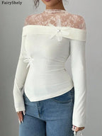 Mesh Patchwork Bodycon Top With Long Sleeve White Sleek Sexy Slim Fit