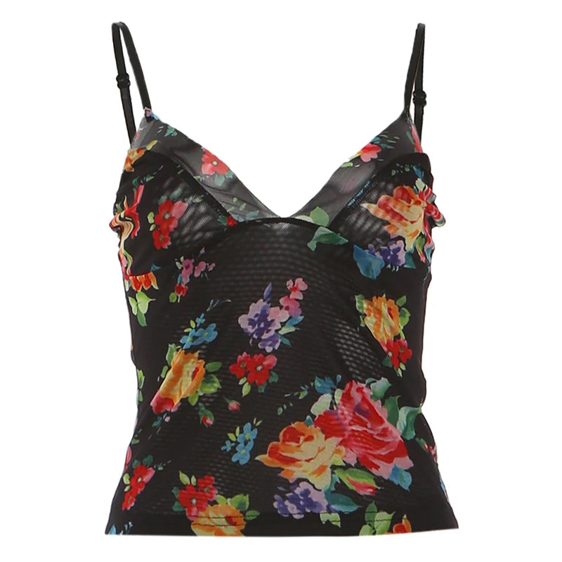 Midnight Floral Mesh Camisole With Patchwork