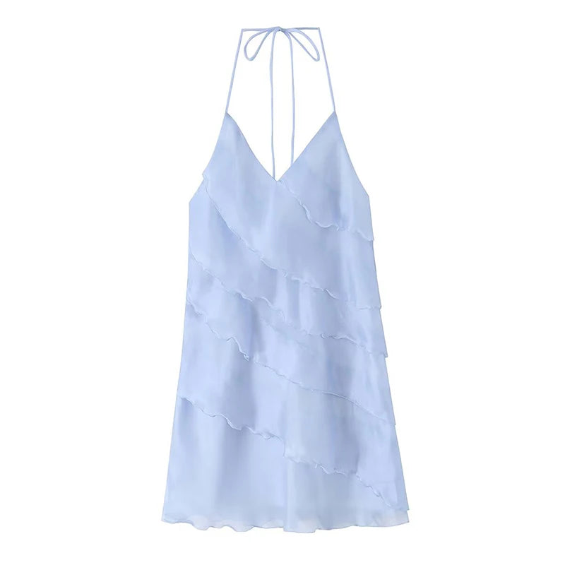 Dreamy Light Blue Halter Backless Mini Dress With Tiered Ruffle Accents