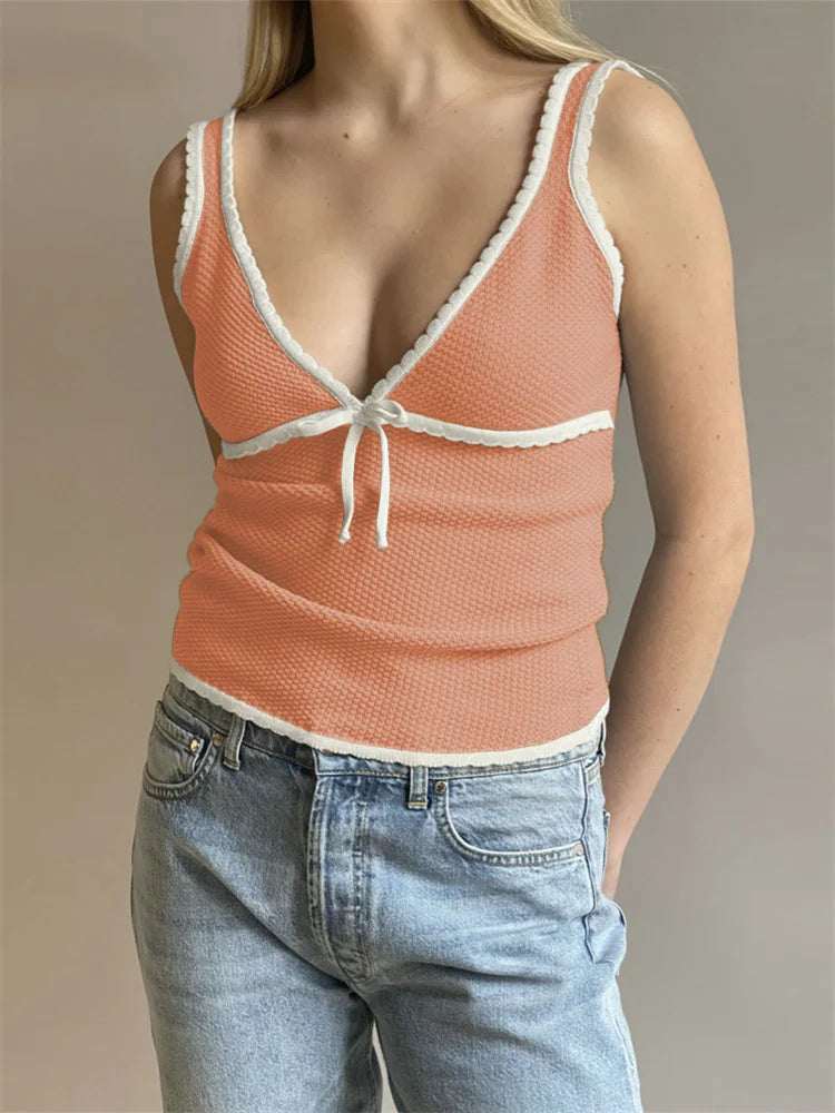 Backless Lace Up Crop Tank Top With V Neck