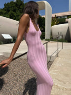 Backless Knit Maxi Dress With V Neck Sleeveles Long Gown