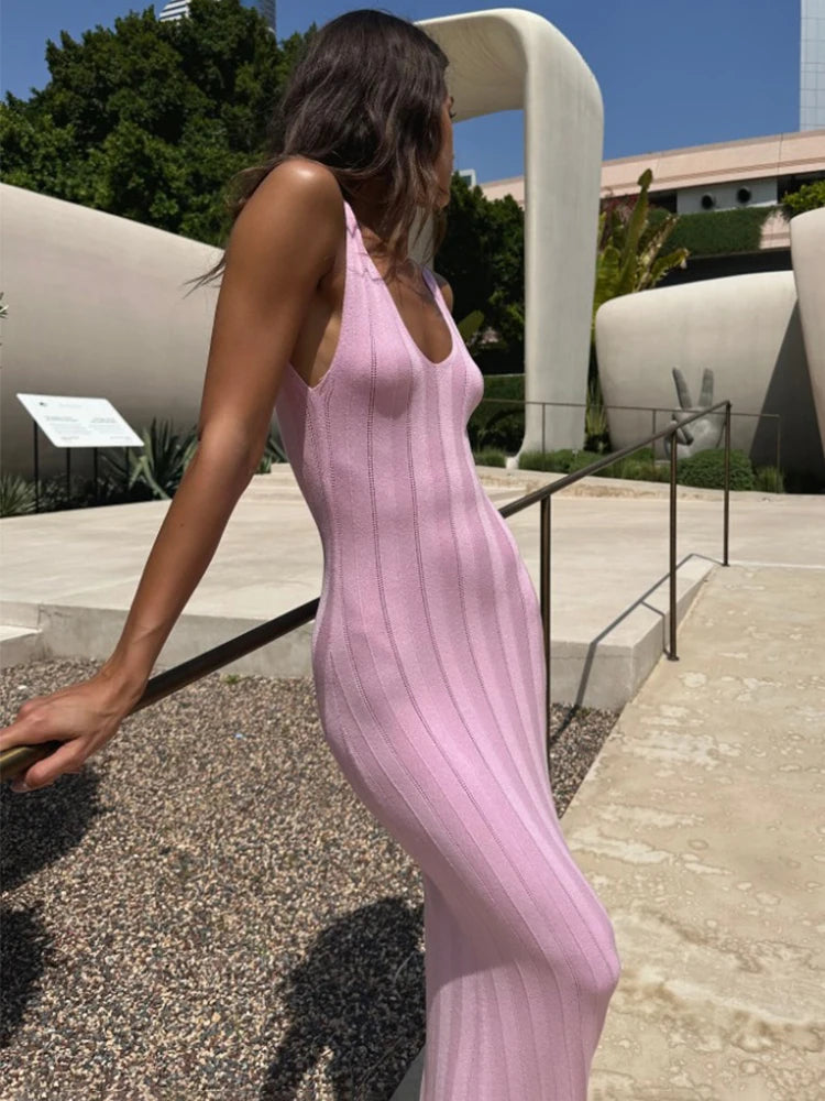 Backless Knit Maxi Dress With V Neck Sleeveles Long Gown
