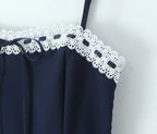 Lace Patchwork Sling Mini Dress For Women Sexy Low Waist Pleated Hem A-line