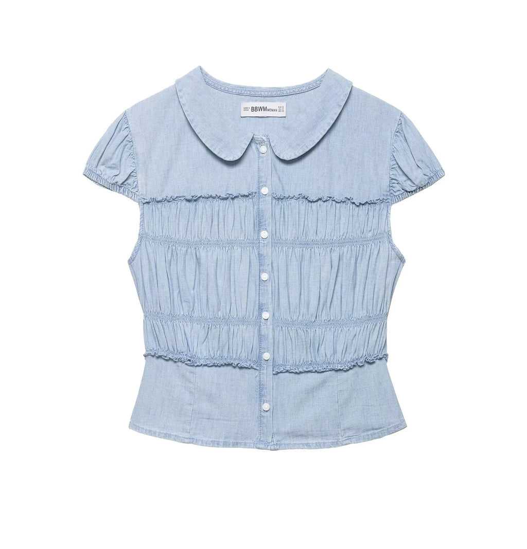 Sweet Retro-style Doll Neck Bubble Sleeve Women's Pleated Top