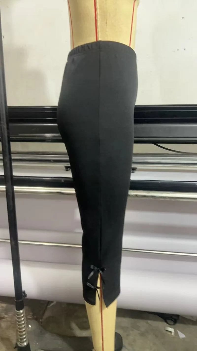 Women's Y2K Cute Capri Pants Solid Color Satin Bow Decor Side Split Summer Slim CroppedTrousers Stretch Crop Leggings