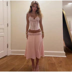 Delicate Lace Corset Cami And Midi Skirt Set Slim Fit Sleeveless Romantic Outfit