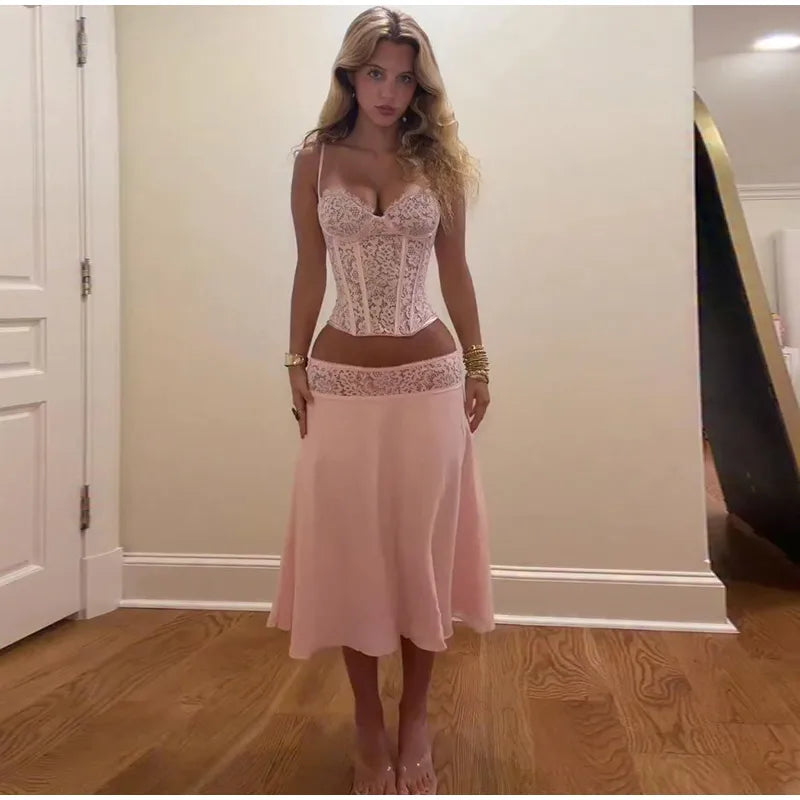 Delicate Lace Corset Cami And Midi Skirt Set Slim Fit Sleeveless Romantic Outfit