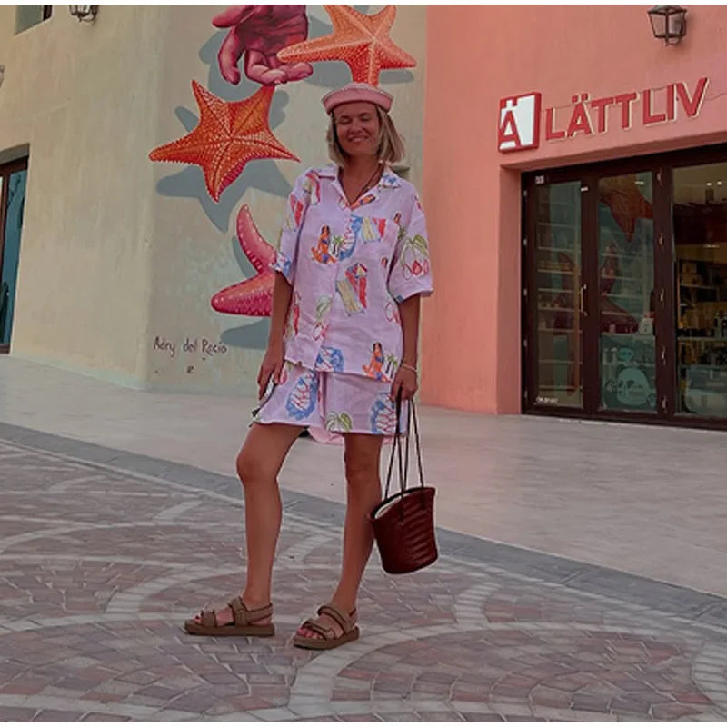 Dreamy Abstract Print Camp Collar Shirt And Shorts Matching Set