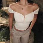 Women's Ribbed Knit Button Front Crop Top Short Sleeve Notch Neck Fitted Blouse